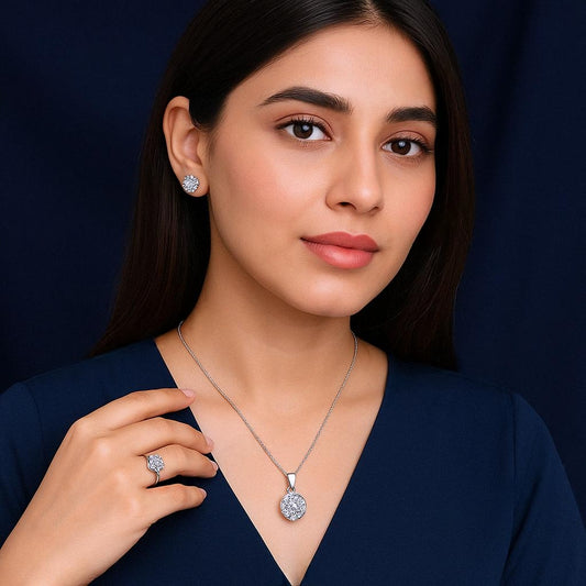 BLX Round Silver Stone Pendant Set